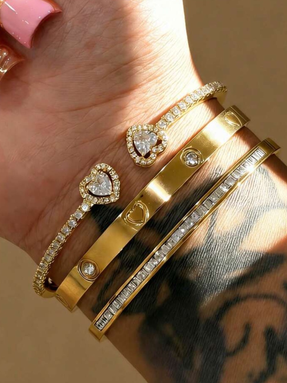 Gold Heart Crystal Bangle Stack - Women's Bracelet Set